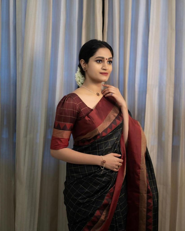 NOZ2TOZ Jacquard Linen Slub Black Saree With Unstitched Blouse Piece - Distacart