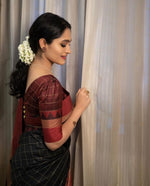 Thumbnail for NOZ2TOZ Jacquard Linen Slub Black Saree With Unstitched Blouse Piece - Distacart