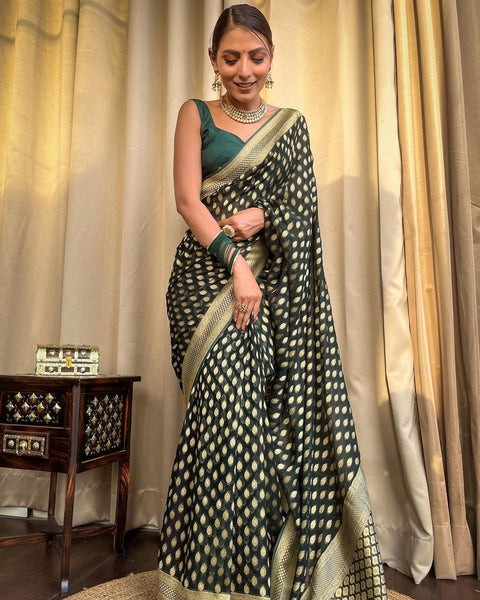 NOZ2TOZ Jacquard Lichi Silk Green Saree With Unstitched Blouse Piece - Distacart