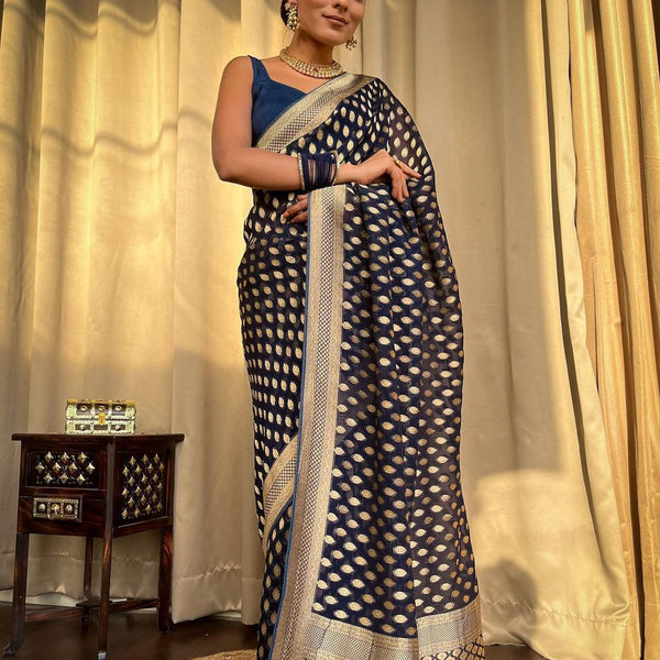 NOZ2TOZ Jacquard Lichi Silk Navy Blue Saree With Unstitched Blouse Piece - Distacart