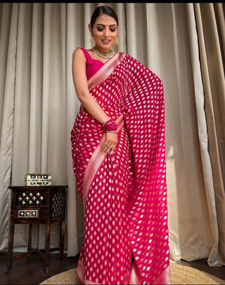 NOZ2TOZ Jacquard Lichi Silk Pink Saree With Unstitched Blouse Piece - Distacart