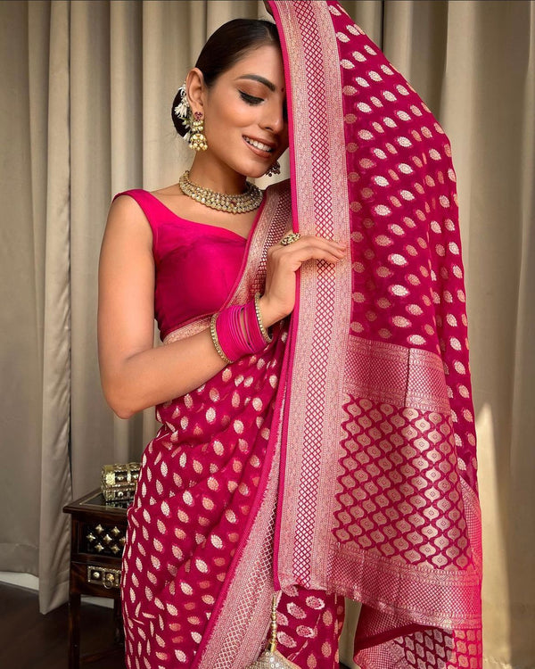 NOZ2TOZ Jacquard Lichi Silk Pink Saree With Unstitched Blouse Piece - Distacart