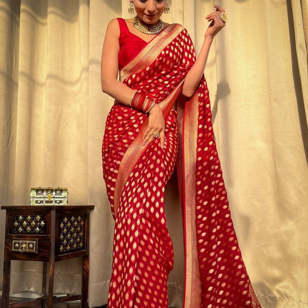 NOZ2TOZ Jacquard Lichi Silk Red Saree With Unstitched Blouse Piece - Distacart