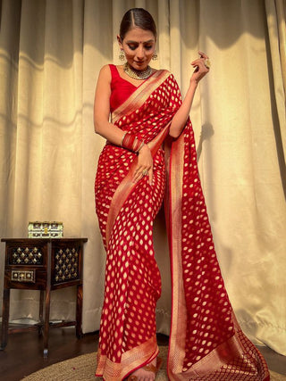NOZ2TOZ Jacquard Lichi Silk Red Saree With Unstitched Blouse Piece - Distacart