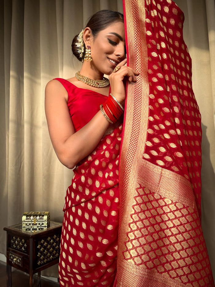 NOZ2TOZ Jacquard Lichi Silk Red Saree With Unstitched Blouse Piece - Distacart