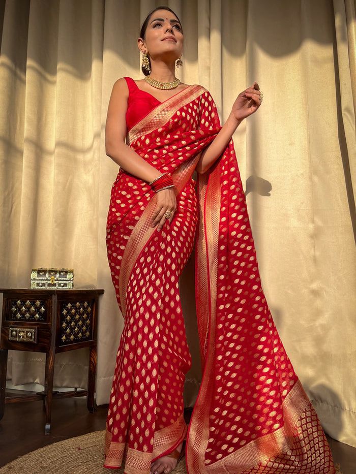 NOZ2TOZ Jacquard Lichi Silk Red Saree With Unstitched Blouse Piece - Distacart