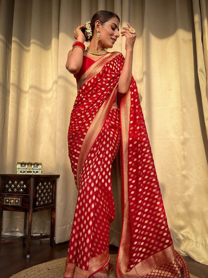 NOZ2TOZ Jacquard Lichi Silk Red Saree With Unstitched Blouse Piece - Distacart