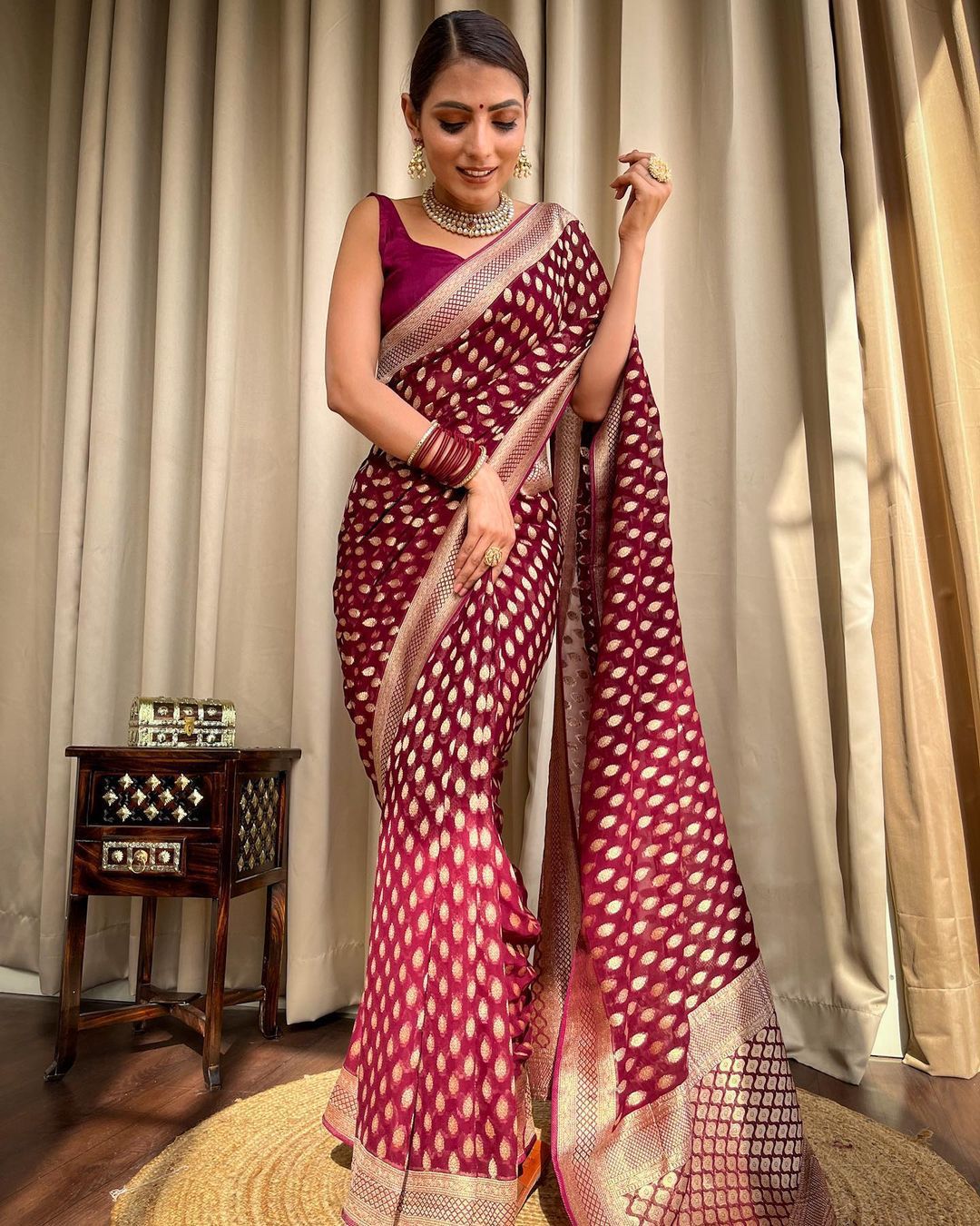 NOZ2TOZ Jacquard Lichi Silk Wine Saree With Unstitched Blouse Piece - Distacart