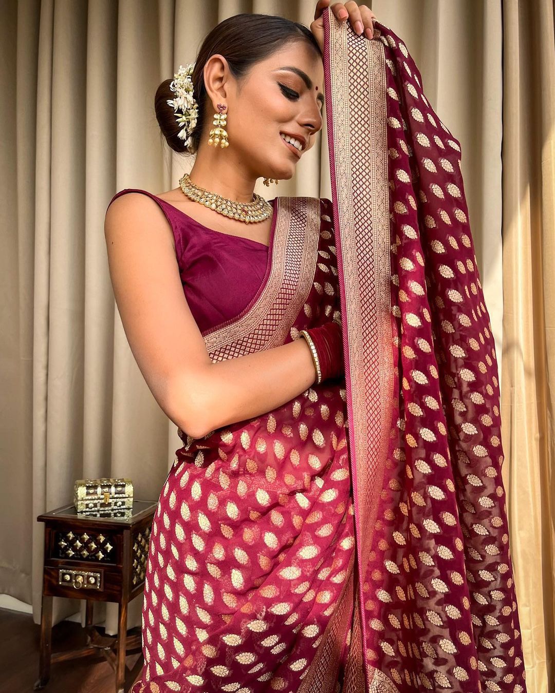 NOZ2TOZ Jacquard Lichi Silk Wine Saree With Unstitched Blouse Piece - Distacart