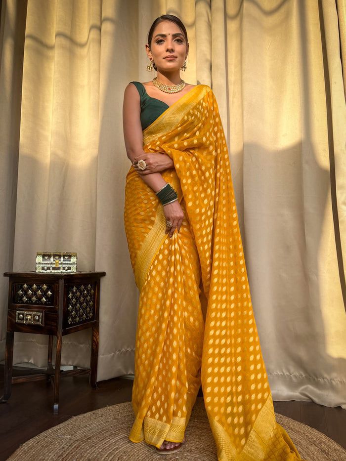 NOZ2TOZ Jacquard Lichi Silk Yellow Saree With Unstitched Blouse Piece - Distacart