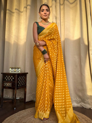 NOZ2TOZ Jacquard Lichi Silk Yellow Saree With Unstitched Blouse Piece - Distacart