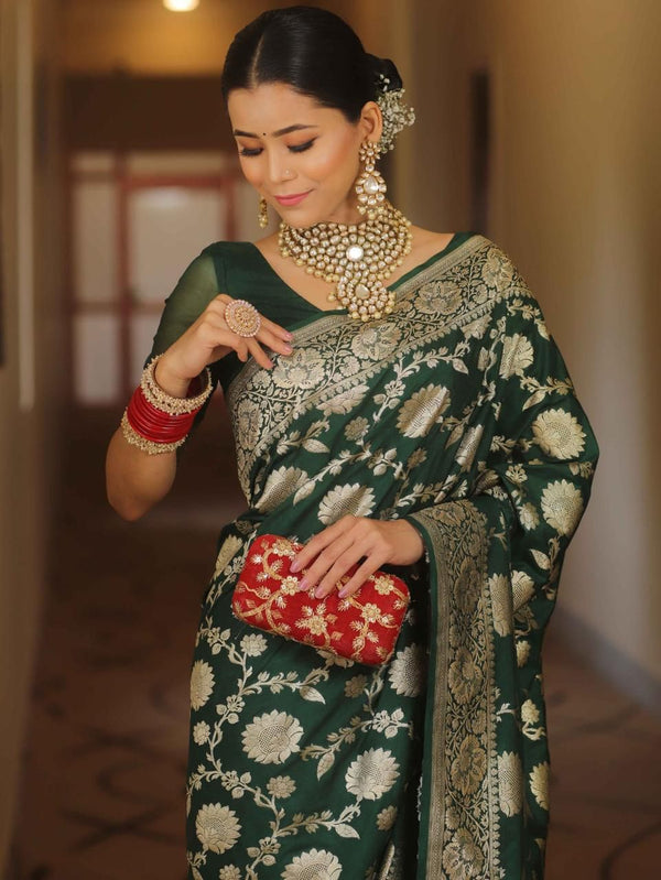 NOZ2TOZ Jacquard Lichi Silk Green Saree With Unstitched Blouse Piece - Distacart