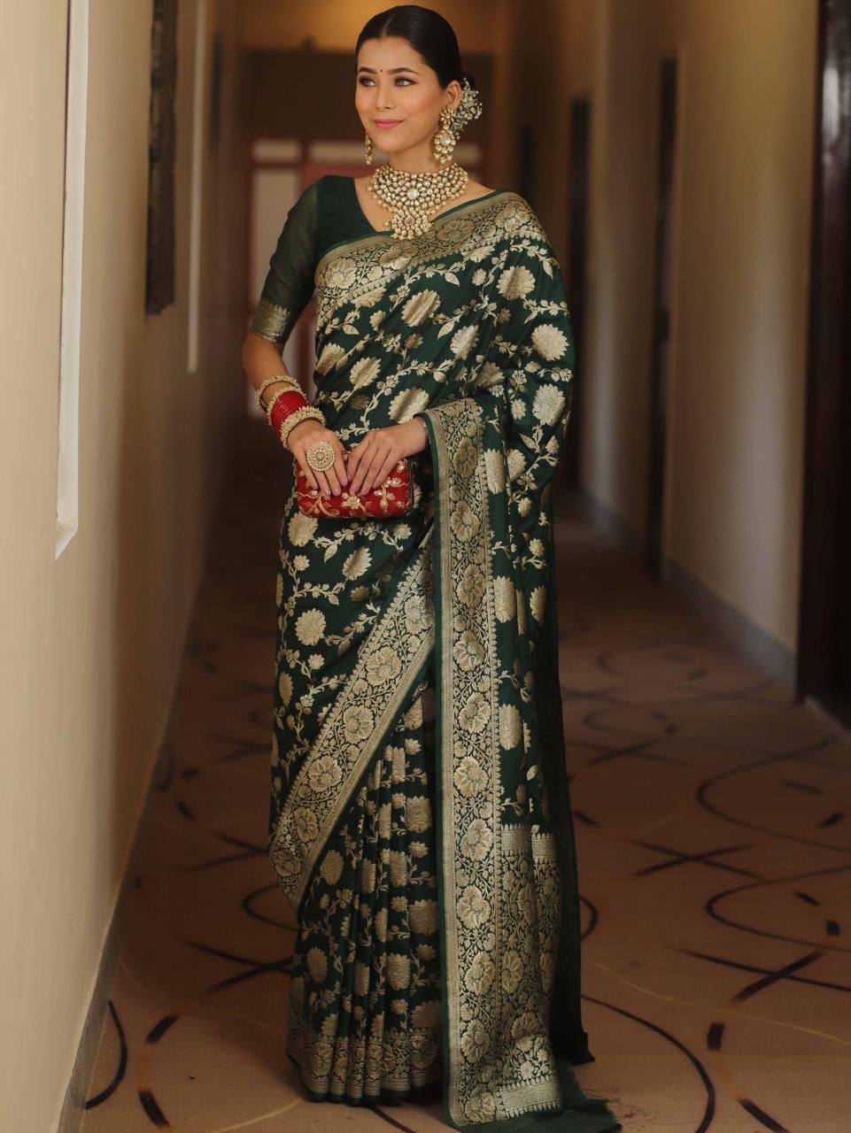 NOZ2TOZ Jacquard Lichi Silk Green Saree With Unstitched Blouse Piece - Distacart