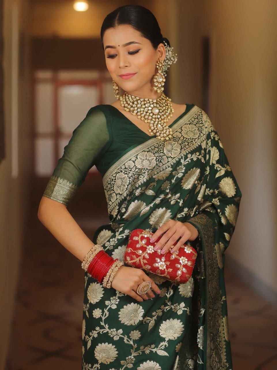 NOZ2TOZ Jacquard Lichi Silk Green Saree With Unstitched Blouse Piece - Distacart
