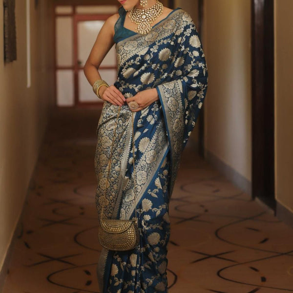 NOZ2TOZ Jacquard Lichi Silk Navy Blue Saree With Unstitched Blouse Piece - Distacart