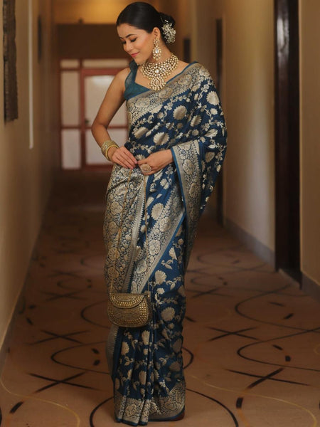 NOZ2TOZ Jacquard Lichi Silk Navy Blue Saree With Unstitched Blouse Piece - Distacart