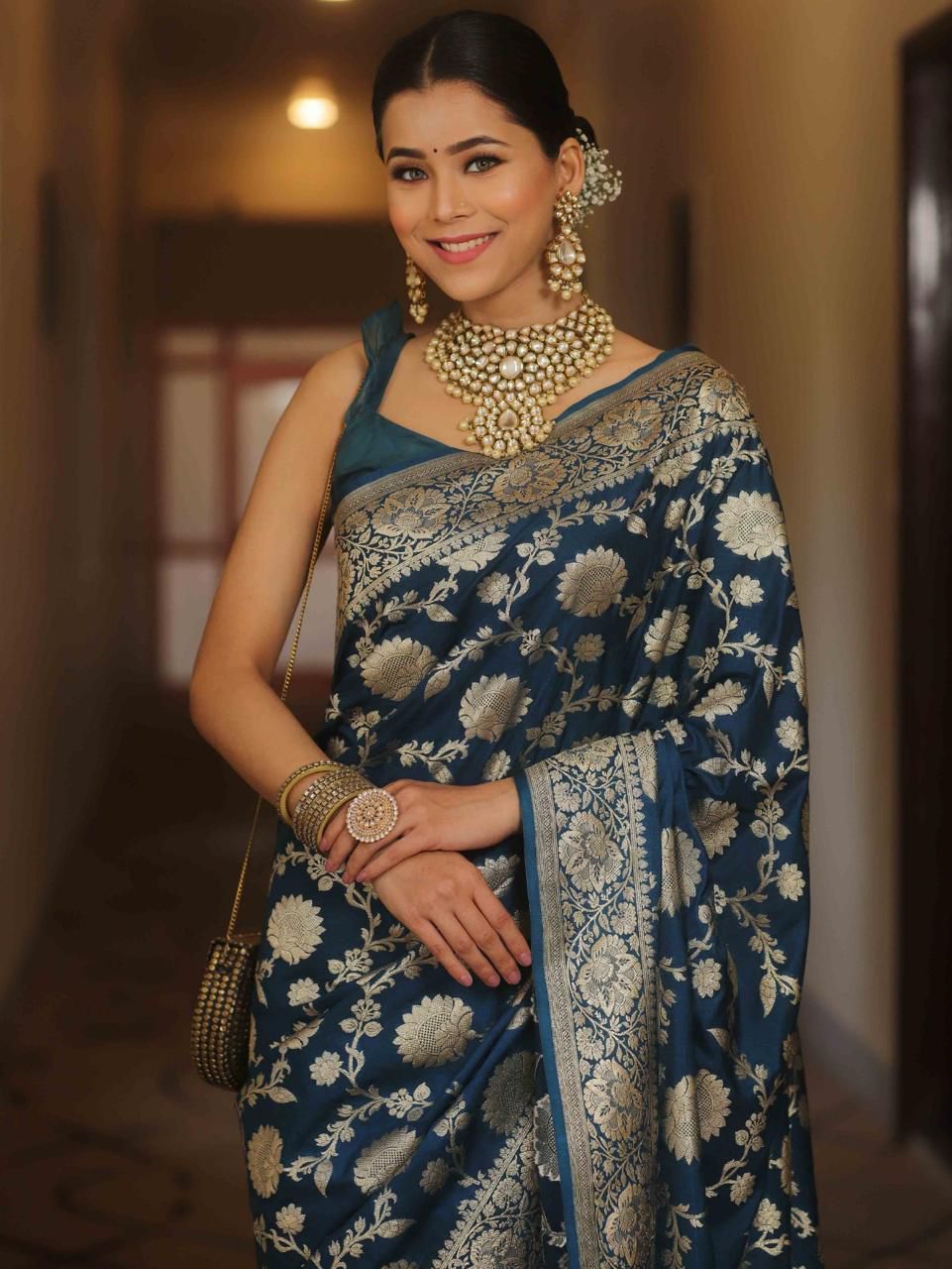 NOZ2TOZ Jacquard Lichi Silk Navy Blue Saree With Unstitched Blouse Piece - Distacart