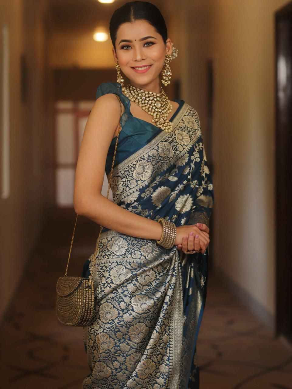 NOZ2TOZ Jacquard Lichi Silk Navy Blue Saree With Unstitched Blouse Piece - Distacart