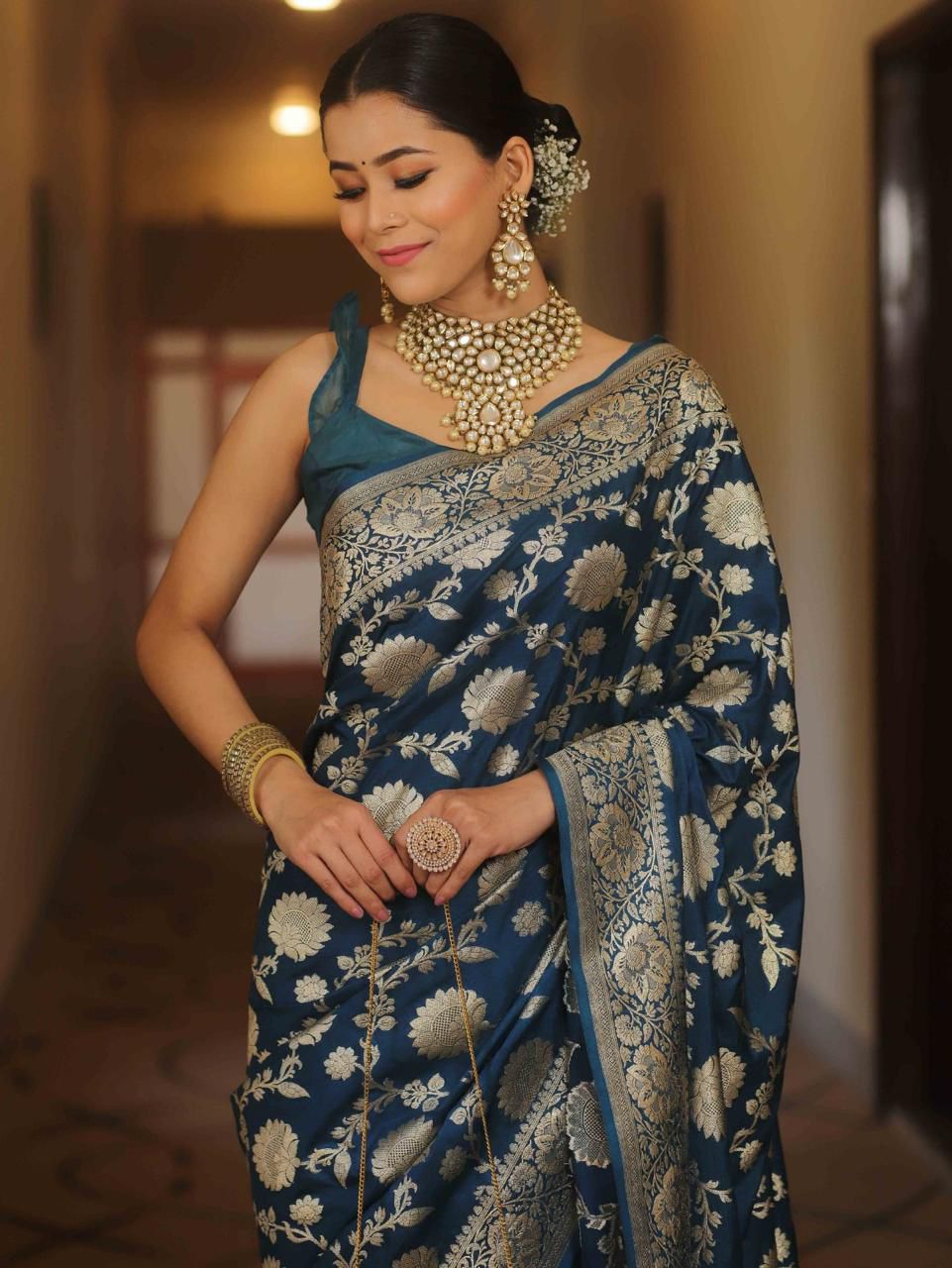 NOZ2TOZ Jacquard Lichi Silk Navy Blue Saree With Unstitched Blouse Piece - Distacart