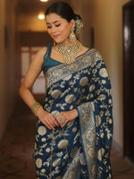 Thumbnail for NOZ2TOZ Jacquard Lichi Silk Navy Blue Saree With Unstitched Blouse Piece - Distacart