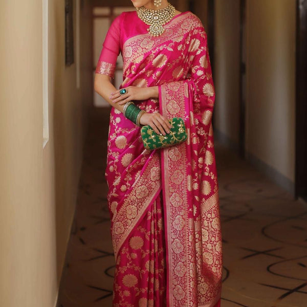 NOZ2TOZ Jacquard Lichi Silk Pink Saree With Unstitched Blouse Piece - Distacart