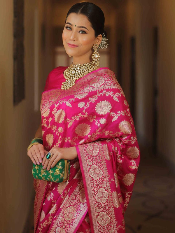 NOZ2TOZ Jacquard Lichi Silk Pink Saree With Unstitched Blouse Piece - Distacart