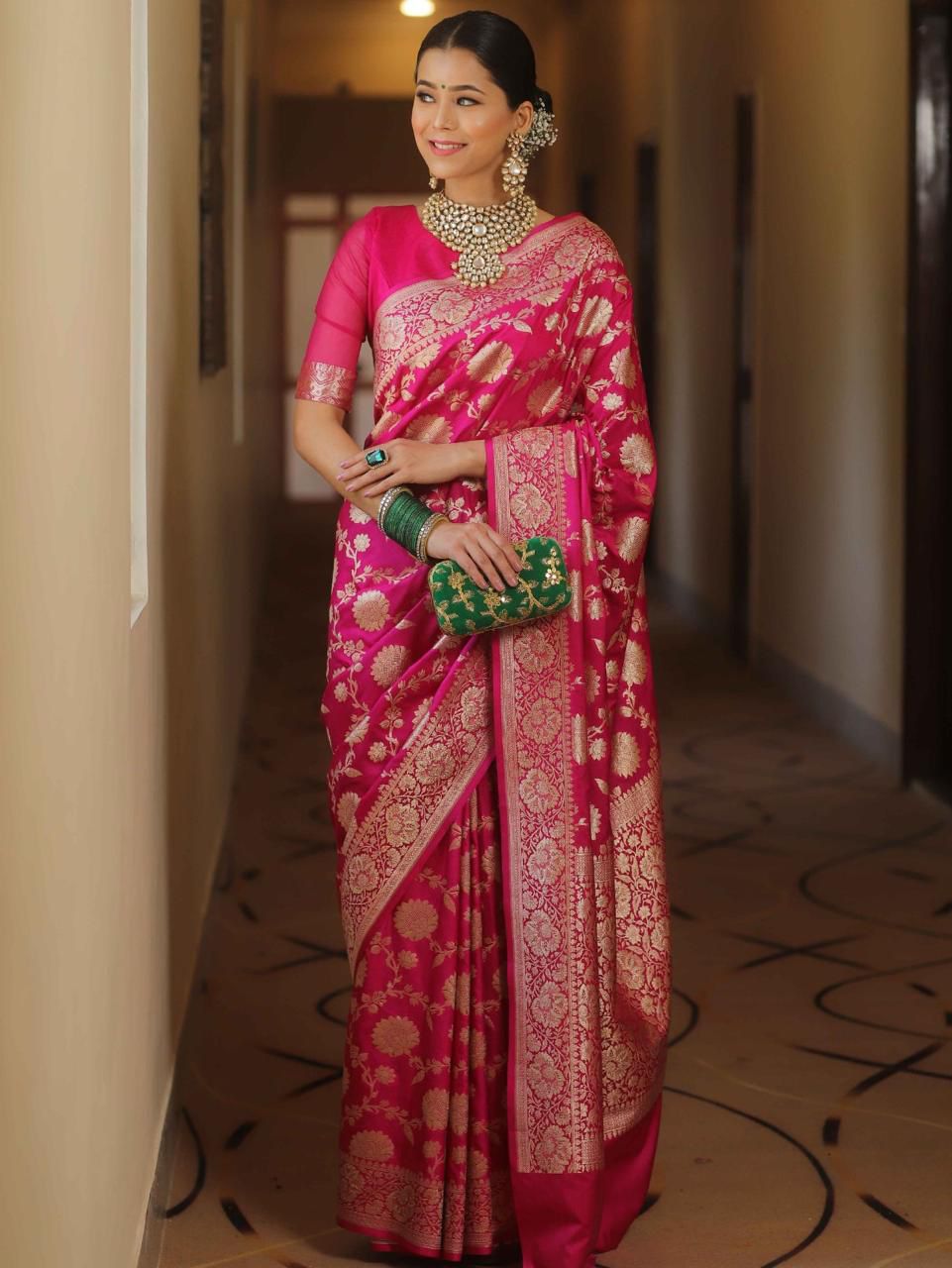NOZ2TOZ Jacquard Lichi Silk Pink Saree With Unstitched Blouse Piece - Distacart
