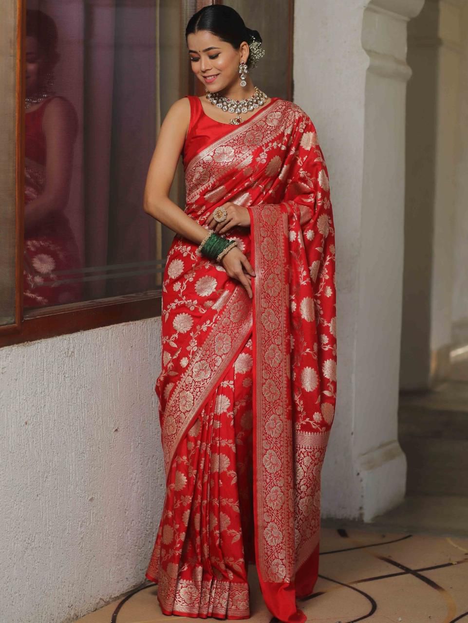 NOZ2TOZ Jacquard Lichi Silk Red Saree With Unstitched Blouse Piece - Distacart