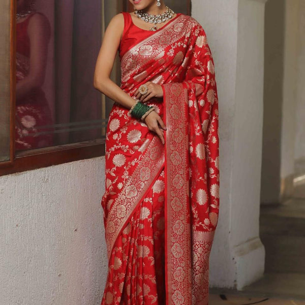 NOZ2TOZ Jacquard Lichi Silk Red Saree With Unstitched Blouse Piece - Distacart