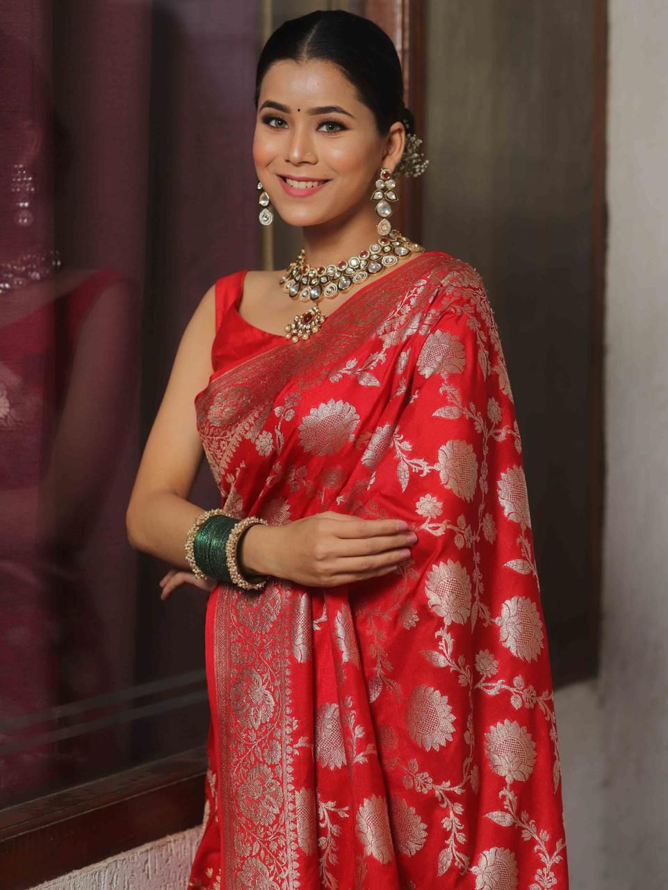 NOZ2TOZ Jacquard Lichi Silk Red Saree With Unstitched Blouse Piece - Distacart
