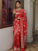 Thumbnail for Malishka Jacquard Lichi Silk Red Saree With Unstitched Blouse Piece