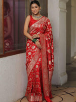 Thumbnail for NOZ2TOZ Jacquard Lichi Silk Red Saree With Unstitched Blouse Piece - Distacart