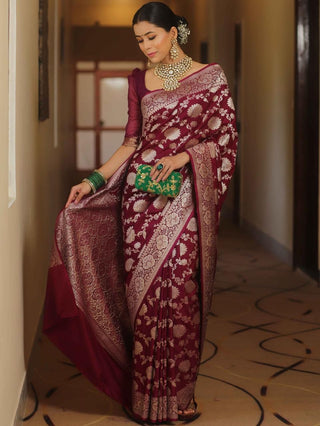 NOZ2TOZ Jacquard Lichi Silk Wine Saree With Unstitched Blouse Piece - Distacart