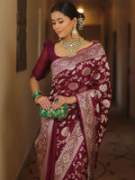 Thumbnail for NOZ2TOZ Jacquard Lichi Silk Wine Saree With Unstitched Blouse Piece - Distacart