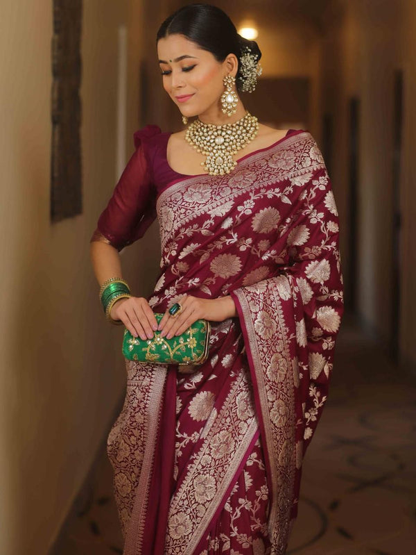 NOZ2TOZ Jacquard Lichi Silk Wine Saree With Unstitched Blouse Piece - Distacart