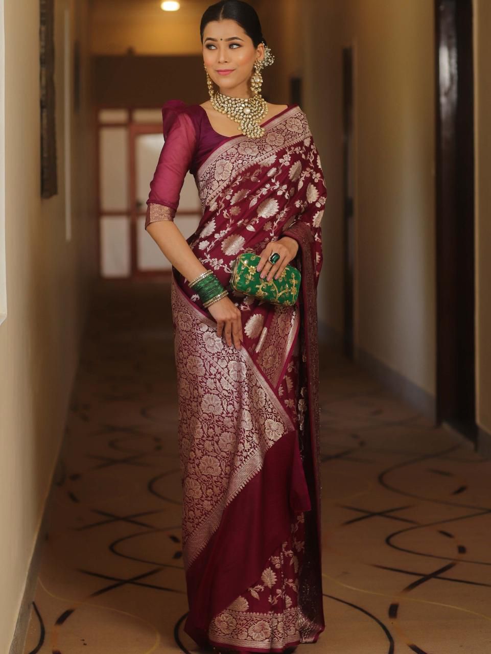 NOZ2TOZ Jacquard Lichi Silk Wine Saree With Unstitched Blouse Piece - Distacart