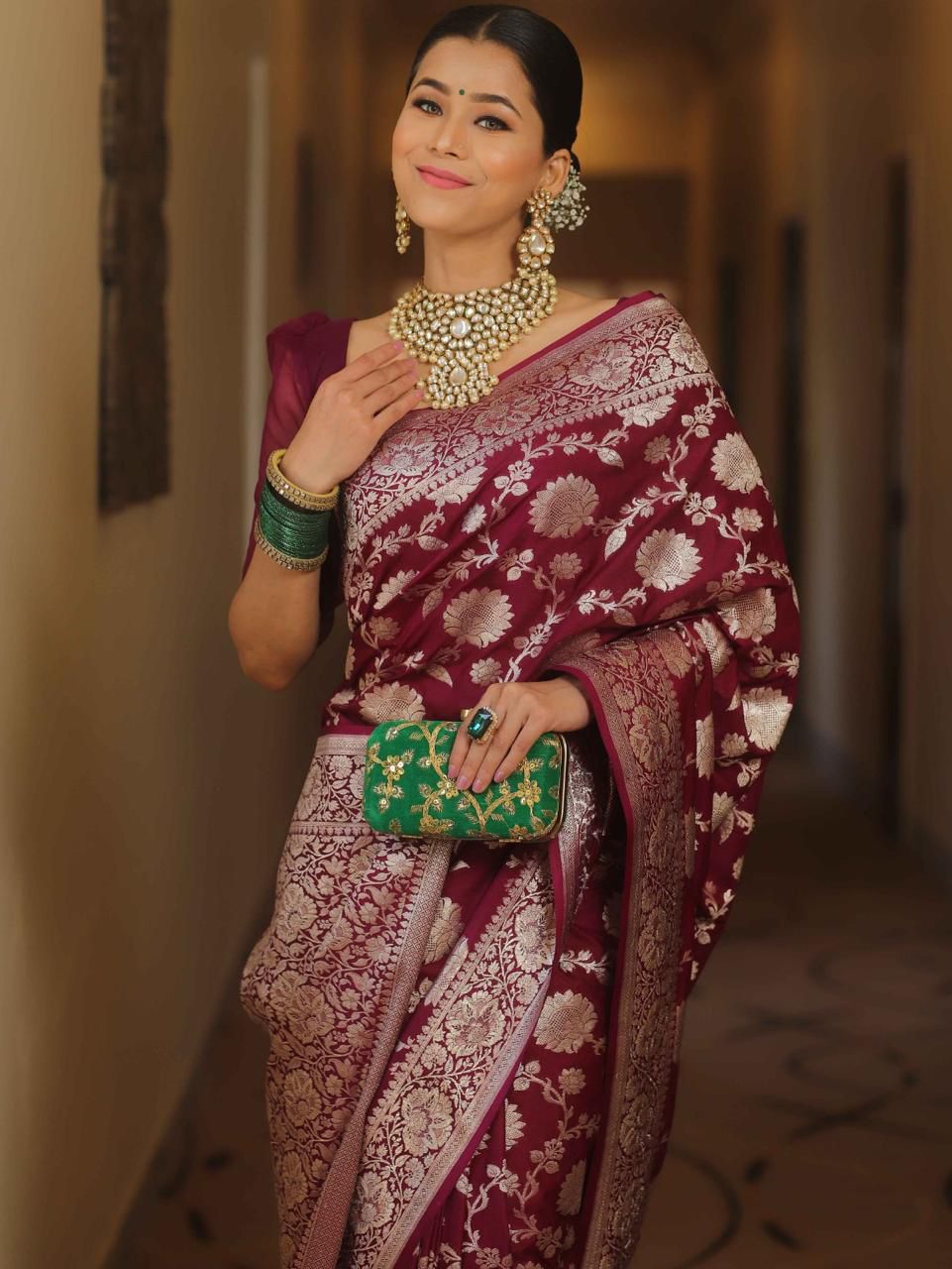 NOZ2TOZ Jacquard Lichi Silk Wine Saree With Unstitched Blouse Piece - Distacart