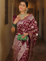 Thumbnail for NOZ2TOZ Jacquard Lichi Silk Wine Saree With Unstitched Blouse Piece - Distacart