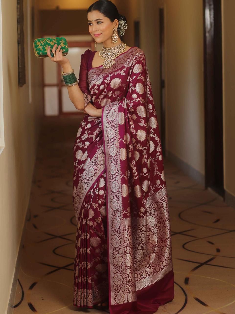 NOZ2TOZ Jacquard Lichi Silk Wine Saree With Unstitched Blouse Piece - Distacart