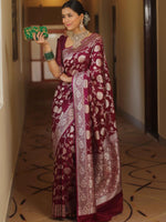 Thumbnail for NOZ2TOZ Jacquard Lichi Silk Wine Saree With Unstitched Blouse Piece - Distacart