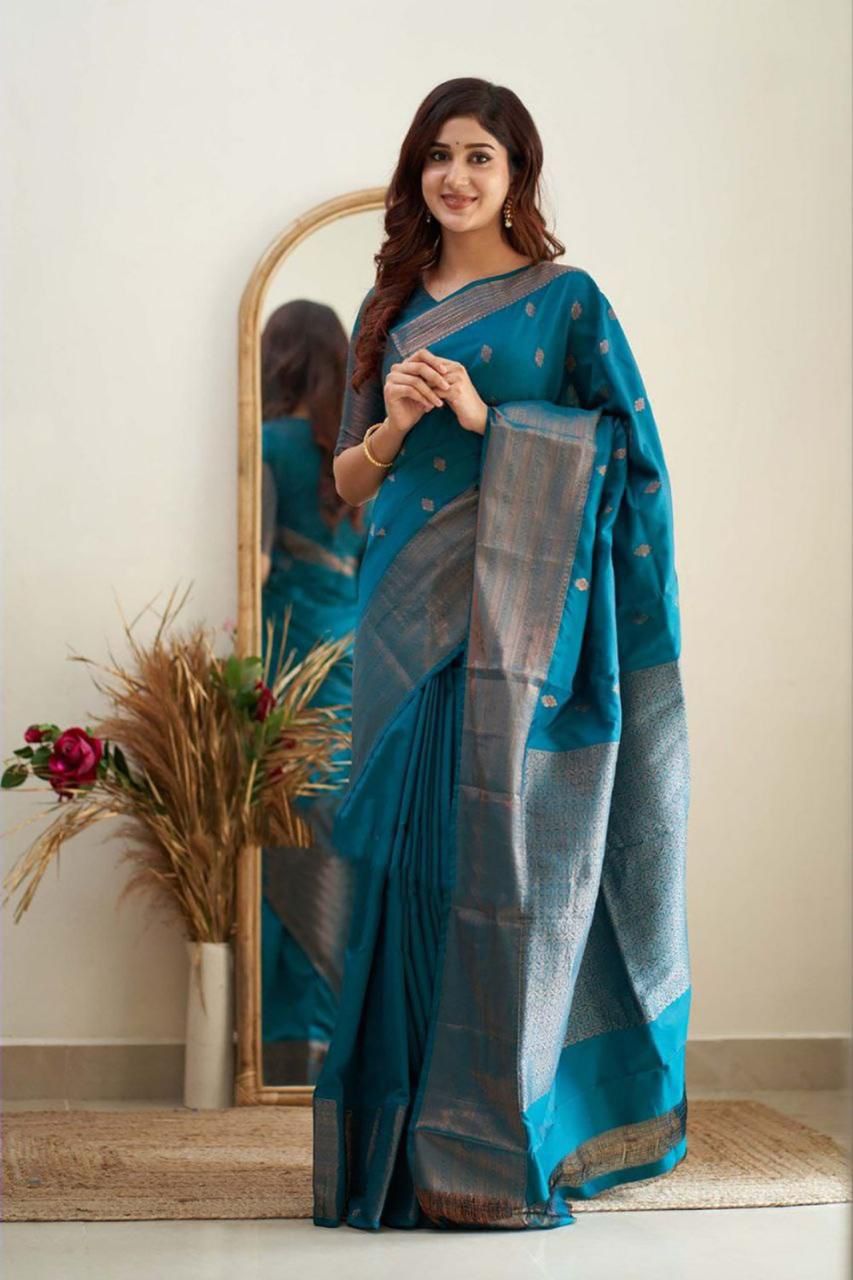 NOZ2TOZ Jacquard Lichi Silk Firozi Saree With Unstitched Blouse Piece - Distacart