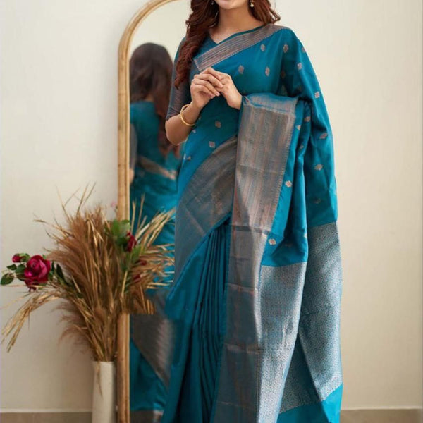 NOZ2TOZ Jacquard Lichi Silk Firozi Saree With Unstitched Blouse Piece - Distacart