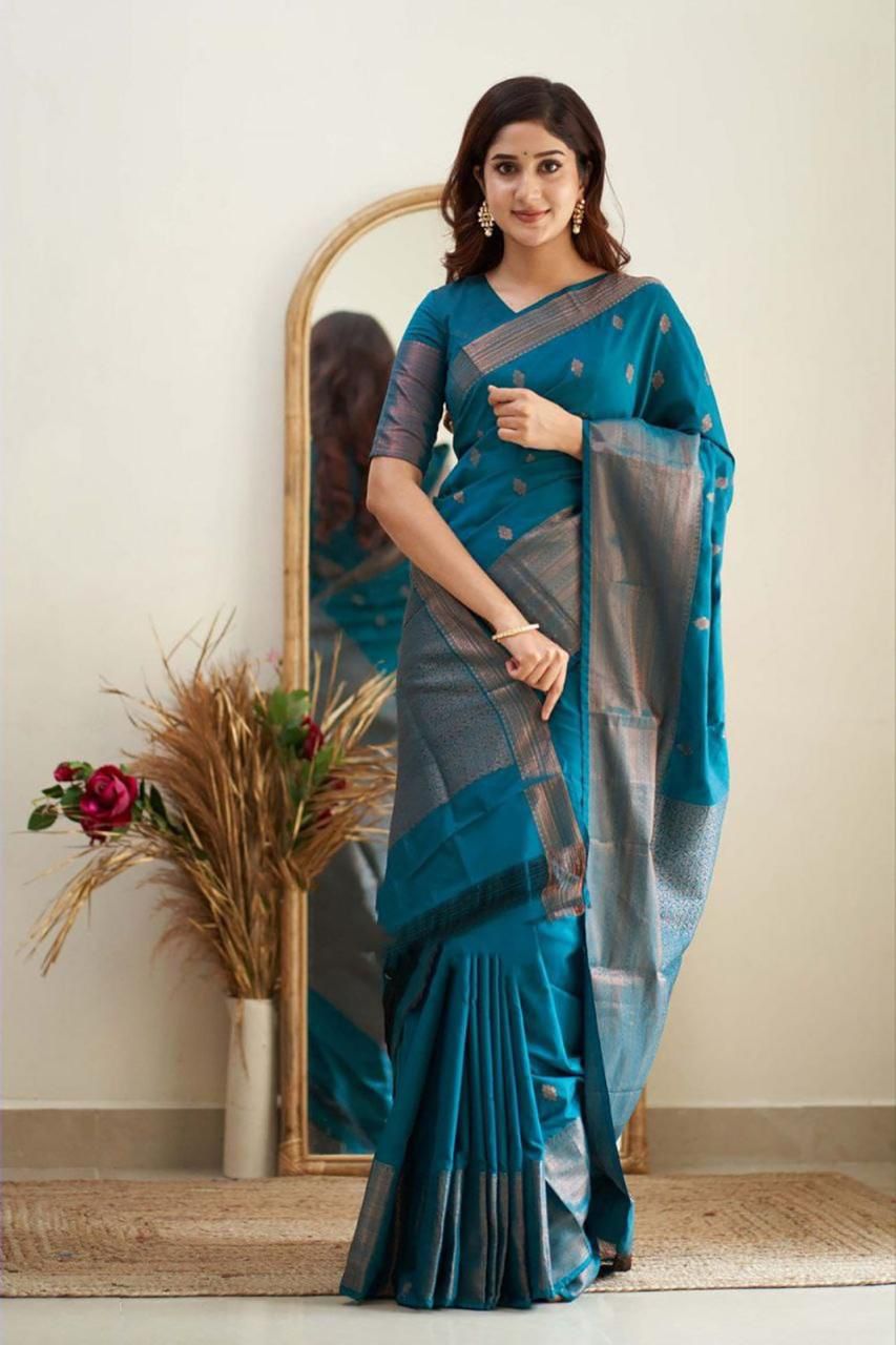 NOZ2TOZ Jacquard Lichi Silk Firozi Saree With Unstitched Blouse Piece - Distacart