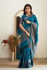 Thumbnail for NOZ2TOZ Jacquard Lichi Silk Firozi Saree With Unstitched Blouse Piece - Distacart