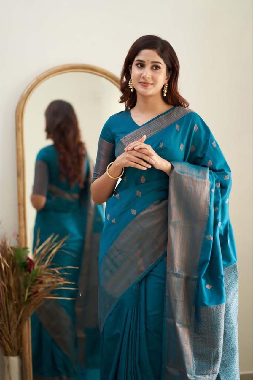 NOZ2TOZ Jacquard Lichi Silk Firozi Saree With Unstitched Blouse Piece - Distacart