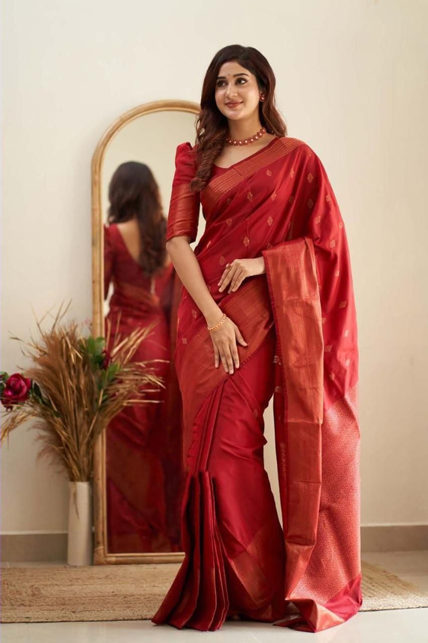 NOZ2TOZ Jacquard Lichi Silk Red Saree With Unstitched Blouse Piece - Distacart
