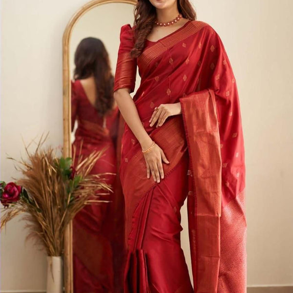 NOZ2TOZ Jacquard Lichi Silk Red Saree With Unstitched Blouse Piece - Distacart