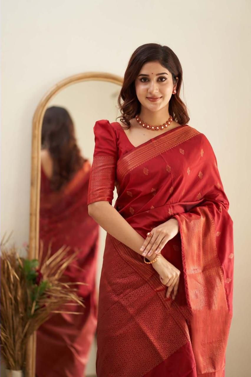 NOZ2TOZ Jacquard Lichi Silk Red Saree With Unstitched Blouse Piece - Distacart