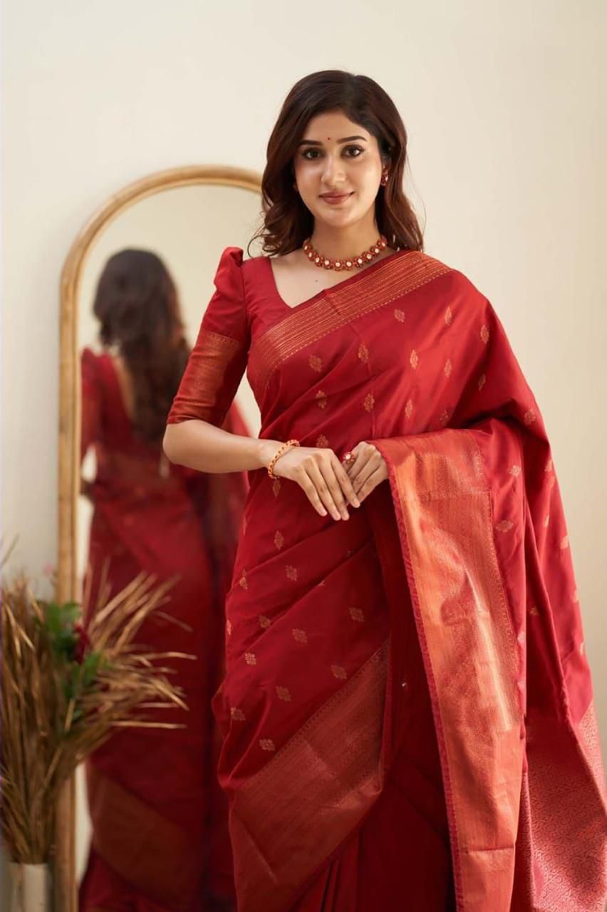 NOZ2TOZ Jacquard Lichi Silk Red Saree With Unstitched Blouse Piece - Distacart