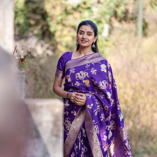 Malishka Jacquard Lichi Silk Purple Saree With Unstitched Blouse Piece - Distacart
